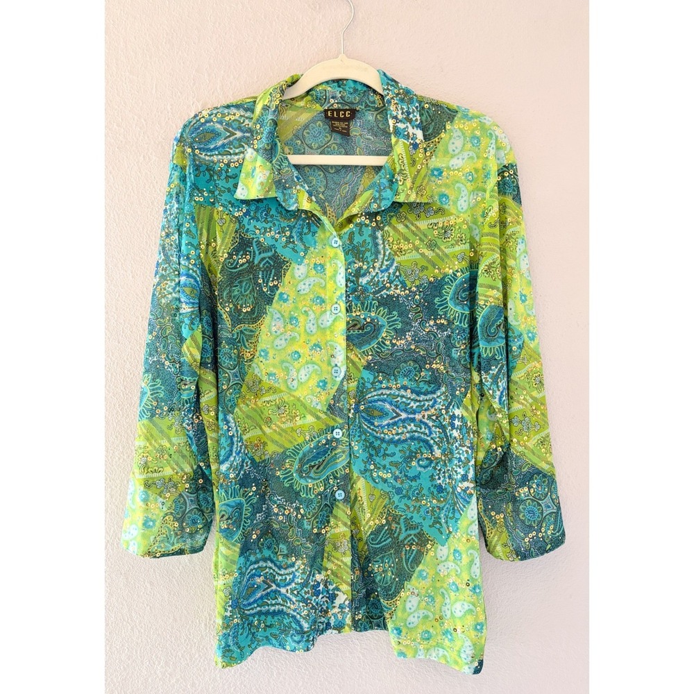 Y2K‎ Fairy Womens XL Paisley Sequin Sheer Button Down Shirt Green Blue